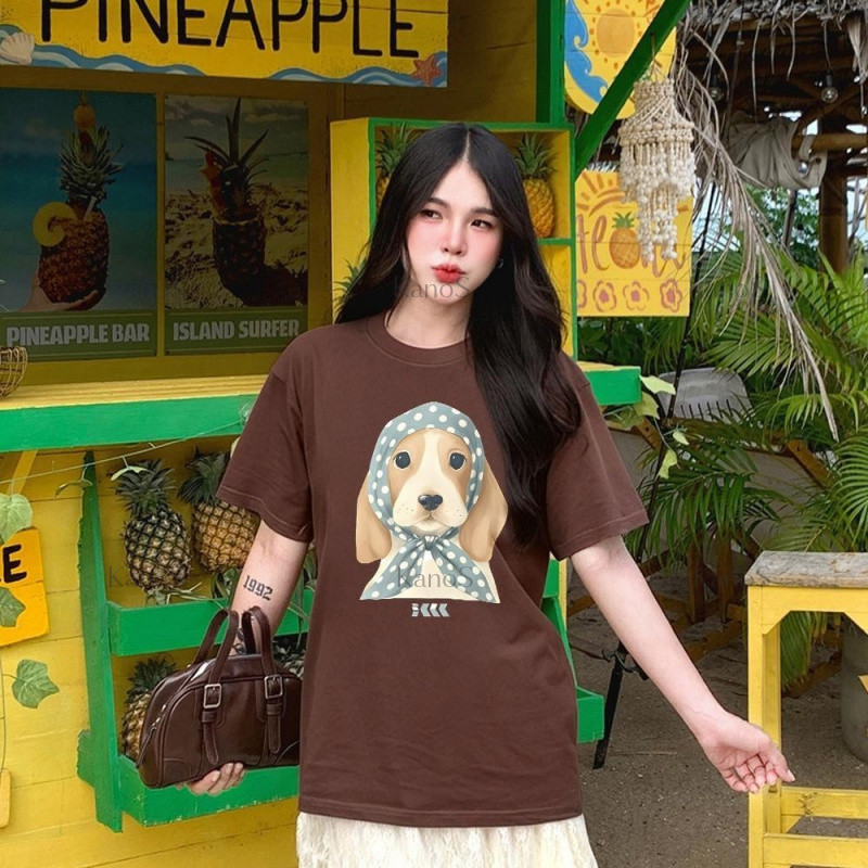 Kanos_shop | áo thun nữ form rộng, Hàn quốc dễ thương Dog print 100% cotton áo sơ mi tay ngắn