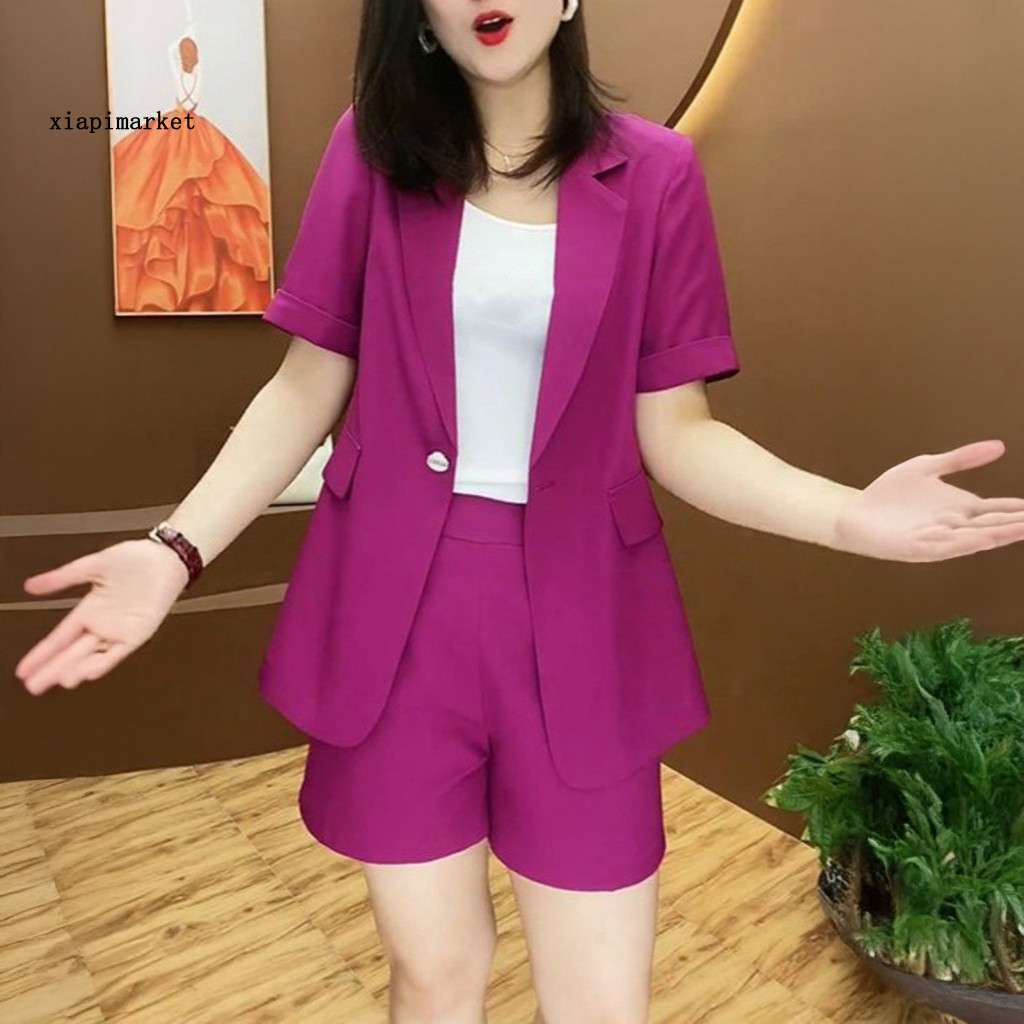 XIA | Bộ Blazers Công Sở Hai Mảnh Polyester Thoáng Khí, Thiết Kế Mở Mặt before Quần Short, Thời Trang Cho Phụ Nữ
