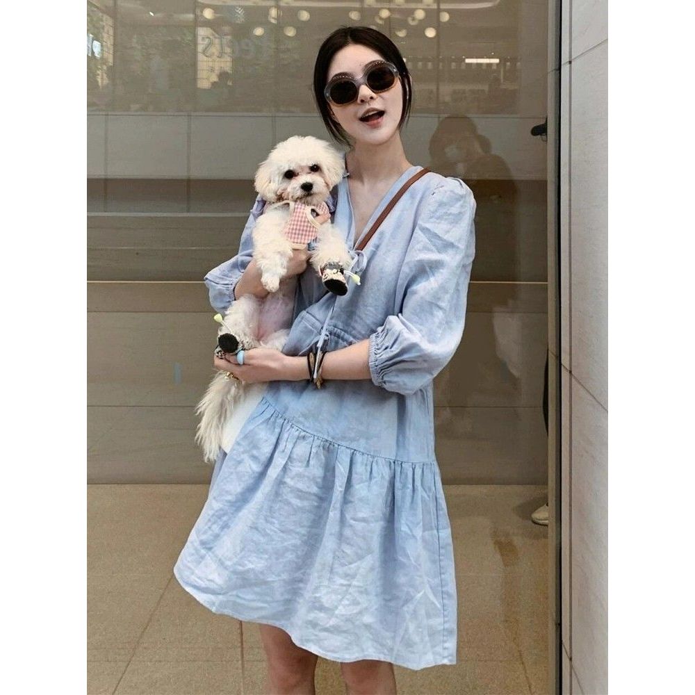 Váy cổ chữ V màu xanh ômbody cho nữ, che bụng, phong cách thu mới, thiết kế sang trọng