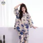 Đồ ngủ nữ tay ba phần tư phong cách Trung Hoa, chất liệu cotton nguyên chất, màu xanh trắng họa tiết rộng rãi