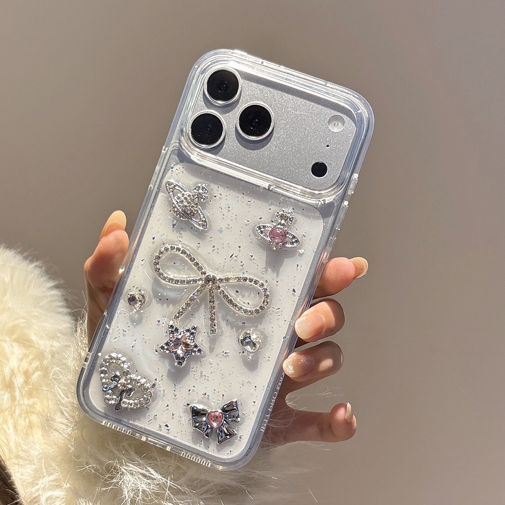 Ốp Điện Thoại Nhựa Nơ Kim Cương 3D Cho iPhone 17 Pro Max 16 15 14 13 Vỏ Bảo Vệ Chống Sốc