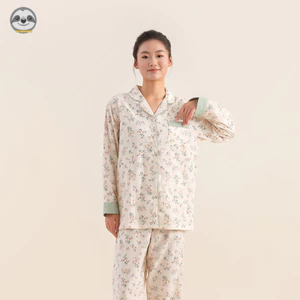 Phong Cách Nhật Bản Muji Phong Cách Văn Học Loungewear / Sợi Hai Lớp Nữ Cotton Nguyên Chất Nhỏ Hoa Ngọc Lục Bảo Dài Tay Thời Trang Loungewear / Quần Dài Tay Cotton Nguyên Chất Khóa Màu Bộ Đồ Ngủ