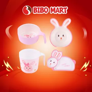 Set Khay Bát Cốc Ăn Dặm Màu Hồng Hình Thỏ Dễ Thương Kèm Nắp Cho Bé Tiện Dụng - Bibomart