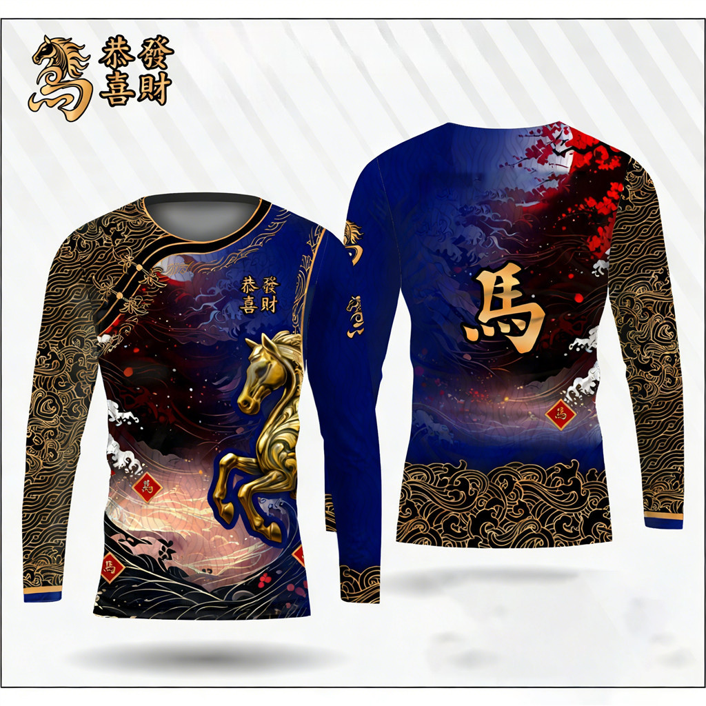 Áo thun dài tay in hình 3D con ngựa - Thời trang Tết Nguyên Đán dành cho nam