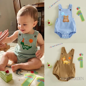 Bé Trai Sinh Nhật Áo Liền Quần Không Tay Cổ Vuông Động Vật Bóng Thêu Body Quần Áo Sơ Sinh