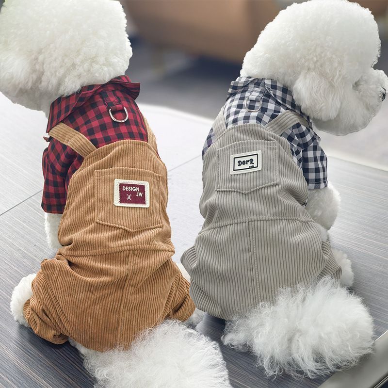 Thú Cưng Quần Áo Cho Chó Mùa Xuân Thu Mỏng Phong Cách Teddy Bichon Chó Nhỏ Dễ Thương Kẻ Sọc Áo Sơ Mi Corduroy Quần Áo Bốn Chân