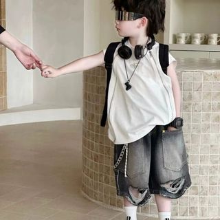 Bộ đồ bé trai mùa hè form rộng – Áo sát nách cotton và quần jean rách cá tính
