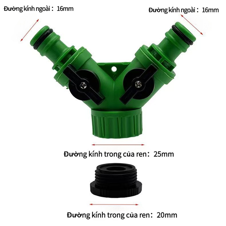 【COD】Van chia nước 2 nhánh với thiết kế chữ Y, tích hợp van khóa trên mỗi đầu ra để kiểm soát dòng chảy linh hoạt.