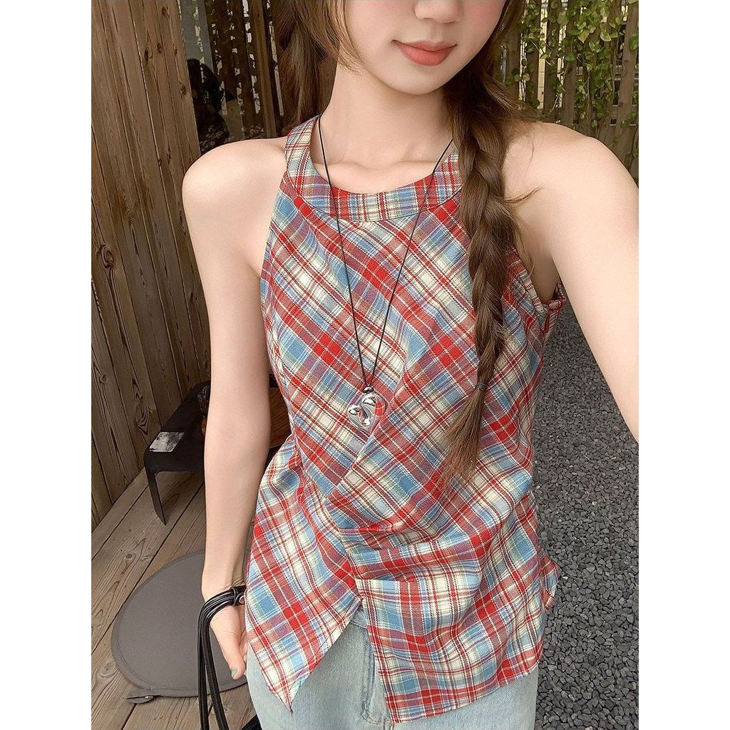 Milyfashion Y2K Top Kẻ Sọc Đỏ Cổ Dây Thắt Nút Sling Không Tay