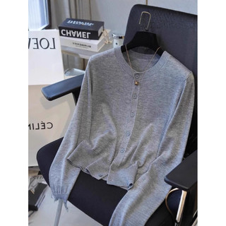 Klein Xanh Sang Trọng Cổ Tròn Dệt Kim Cardigan Nữ Xuân Thu Retro Cao Cấp Áo Len Ngắn Đáy Top C