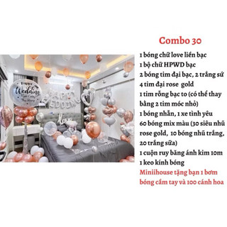 (Tặng 100 cánh hoa hồng) set bóng trang trí phòng cưới tone màu trắng bạc DF38