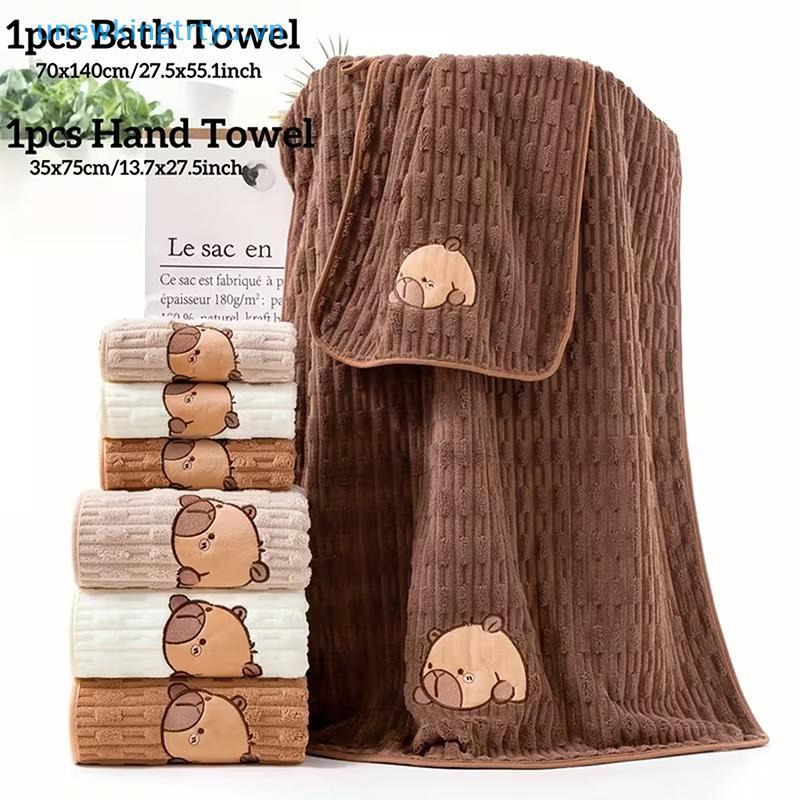 Bộ khăn tắm mặt Capybara Unewtyu 2-Pa dễ thương, lông cừu san hô siêu mềm, khăn 34x74 inch và khăn tắm 70x140 inch, siêu thấm và khô Qui-Drying VN