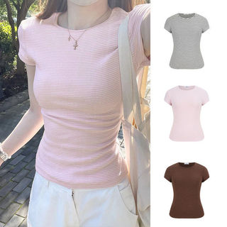 Áo Thun Sọc Hồng Nữ Tay Ngắn 2026 - Chất Liệu Cotton Co Giãn - Form Ôm Body - Phong cách Hàn Quốc
