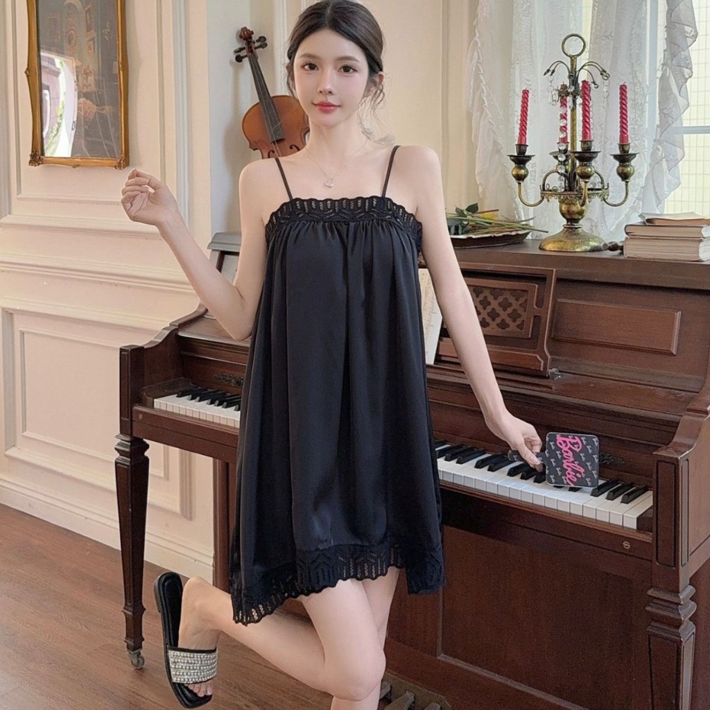 Đầm ngủ lụa băng phong cách Pure Desire cho nữ với đệm ngực, đầm ngủ dây màu trơn, sexy và quyến rũ cho mùa hè