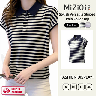 【MIZIQI】áo kiểu nữ Áo thun ngắn tay sọc mỏng dành cho nữ, áo thun ngắn tay cổ polo đi làm thanh lịch