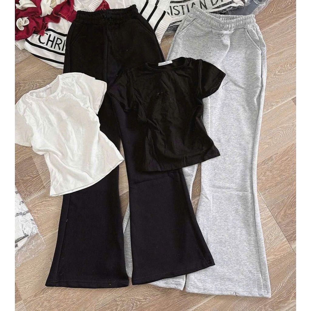 Bộ quần ống loe +kết hợp áo phông crop top tăm ngắn - chang3158quanaao