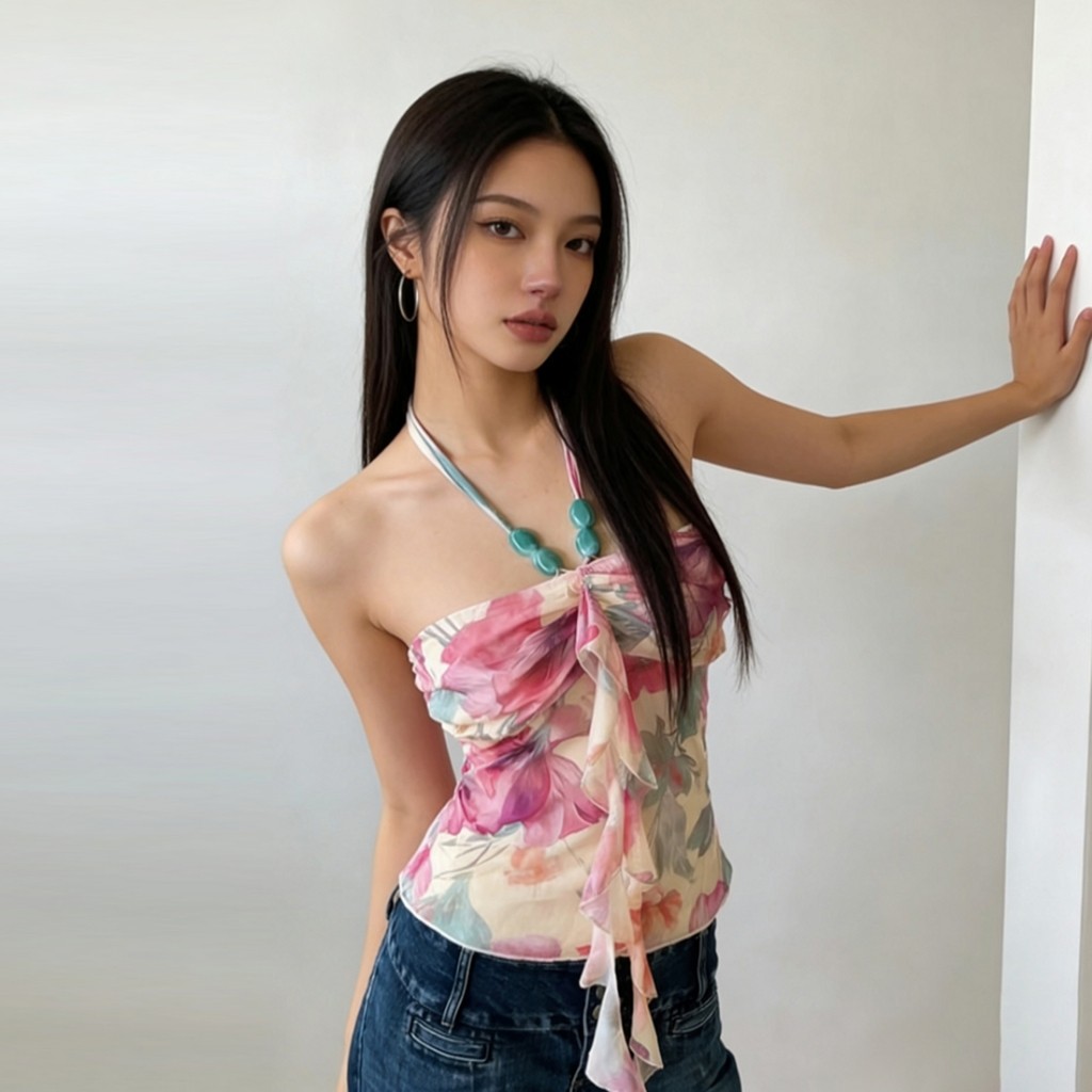 Áo Croptop Có Dây In Họa Tiết Retro Cổ Điển và Thiết Kế Ôm Body