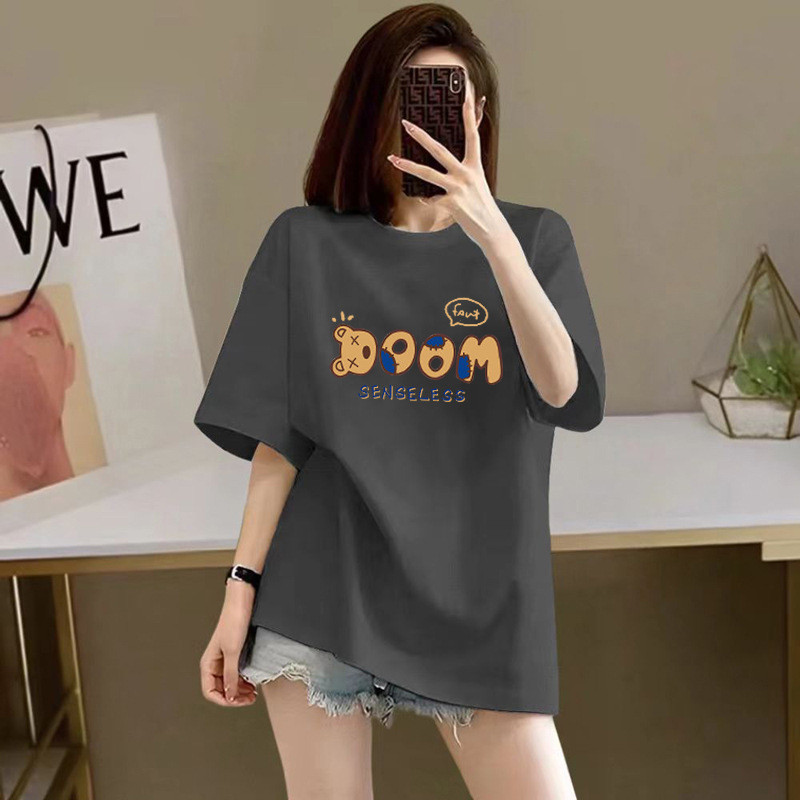 Áo thun nữ cotton nguyên chất cao cấp, phong cách mới mùa hè, áo thun tay ngắn cổ tròn in họa tiết