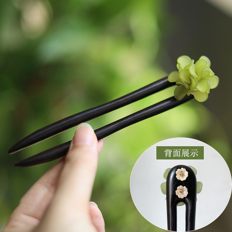 Kẹp Tóc Gỗ Đàn Hương Xanh 15/21cm, Iris Tím Retro, Hoa Trà, Thanh Lịch, Trung Quốc