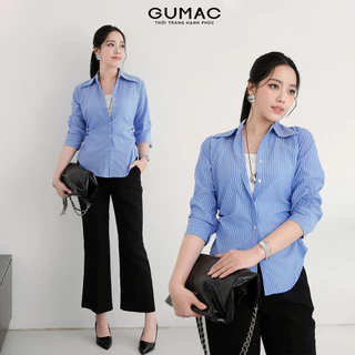 Áo sơ mi nữ GUMAC tay lửng có nhún chiết ly eo xanh sọc vải kate đứng form  AF01024