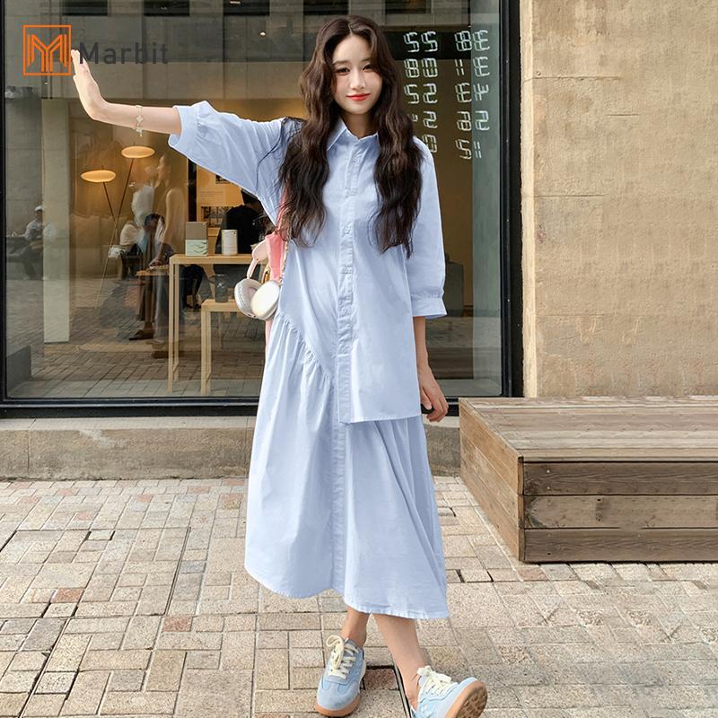 [Mar-T] Đầm dài dáng rộng có nút ve áo đơn giản, váy màu xanh không đồng nhất