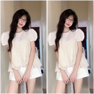 Set Yếm Chấm Bi Dáng Bí Phối Cúc Kèm Áo Tay Bồng Tiểu Thư, Set áo Chấm Bi Tiểu Thư