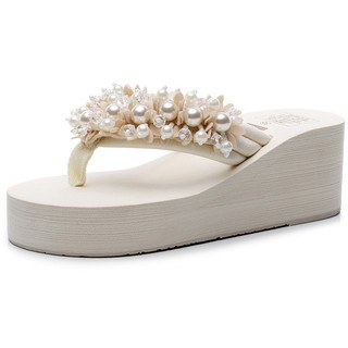 Mùa Hè Đi Biển Kỳ Nghỉ Nguyên Chất Handmade Dép Treo Hạt Gót Cao Flip-Flops Nữ Plus Size Flip-Flops O2NS