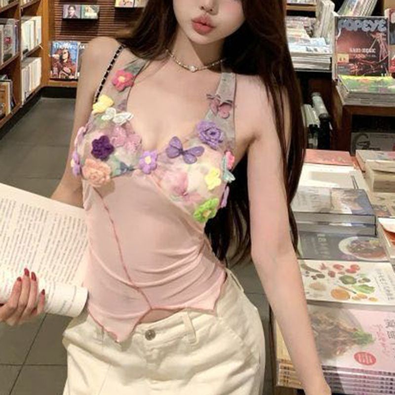Milyfashion - Áo dây thiết kế ba chiều thêu họa tiết kỳ nghỉ ngọt ngào, có miếng lót ngực, cổ sling mỏng không đều