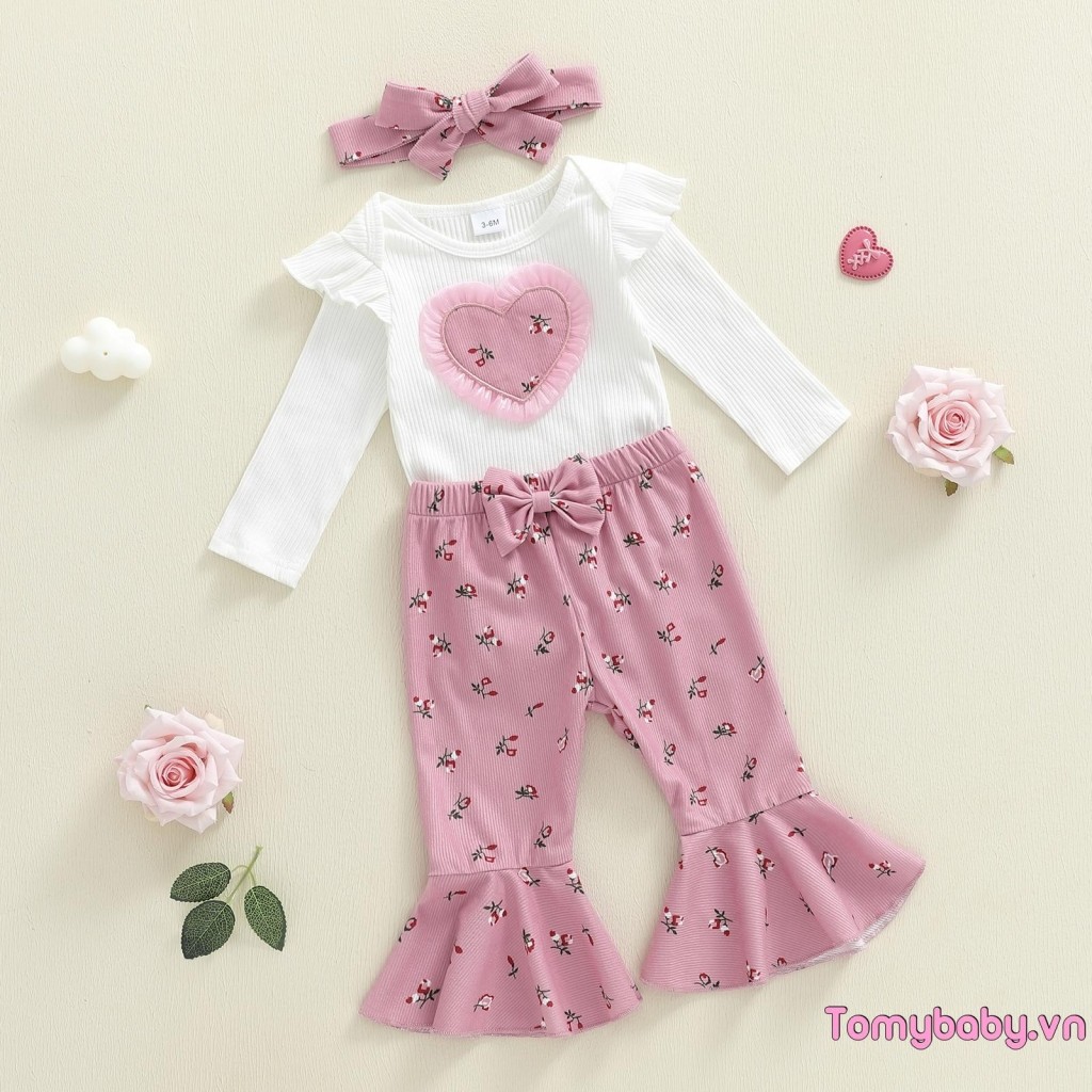 Bộ trang phục mùa thu cho bé gái Áo liền quần dài tay hình trái tim + Quần loe họa tiết hoa + Băng đô nơ Bộ 3 chiếc