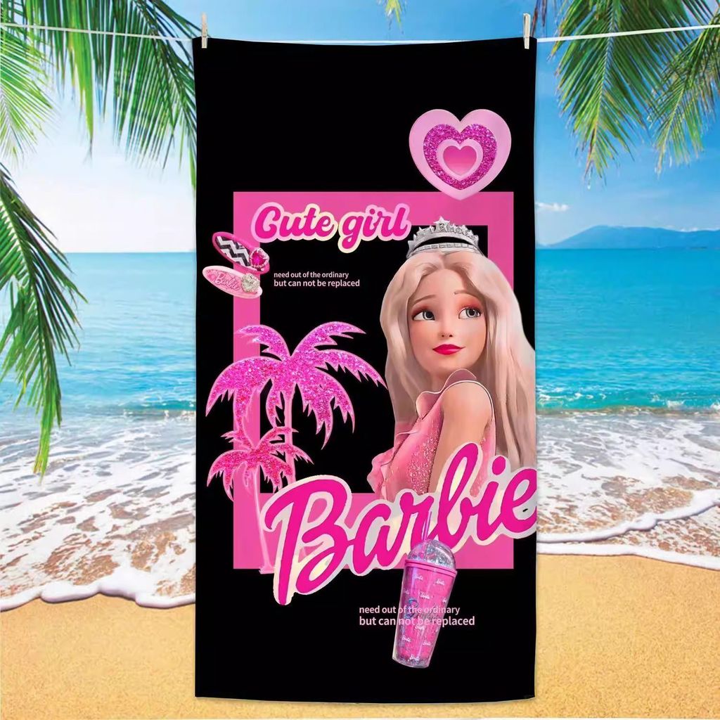 Khăn đi biển Microfiber họa tiết Barbie dễ thương cho bé gái, màu hồng