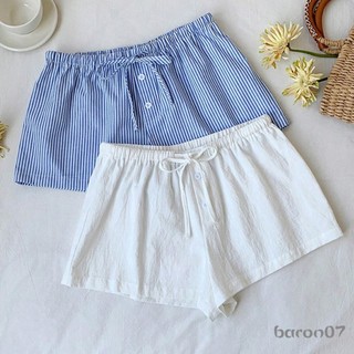 Quần short mini nữ dây rút co giãn, phù hợp mùa hè với thiết kế màu trơn và sọc in.
