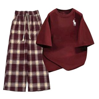 sét bộ đồ nữ Quần kẻ caro ĐỎ+ phối áo phông form unisex - in hình ngựa ở ngguc -thuba94