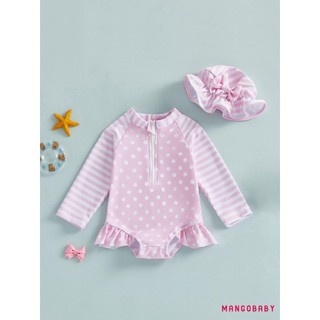 MG-Toddler Bé Gái Rash Guard Đồ Bơi Dễ Thương Thời Trang Dài Tay Sọc Chấm Áo liền quần Có Mũ 2 Chiếc Đồ Bơi