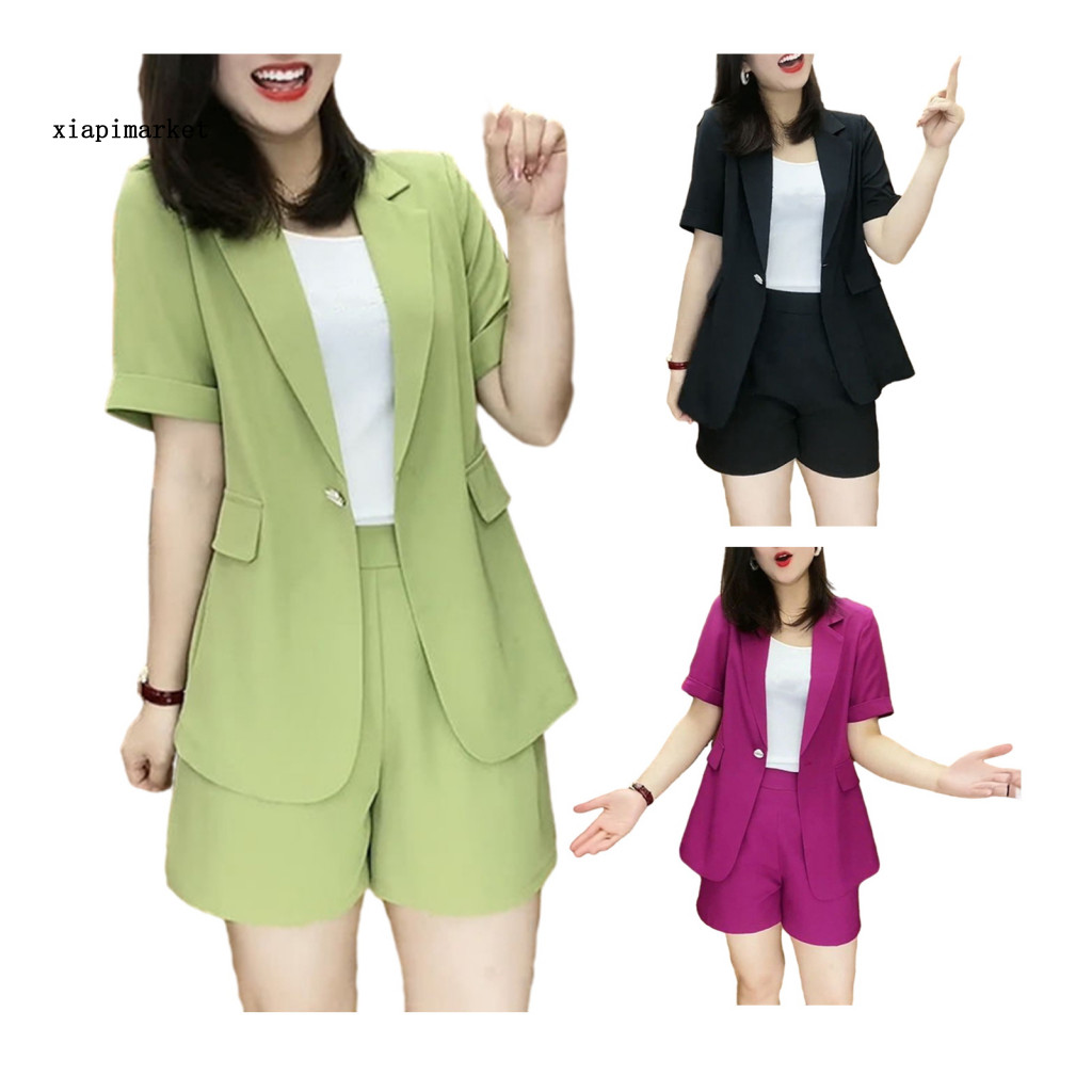 XIA | Bộ Blazers Công Sở Hai Mảnh Polyester Thoáng Khí, Thiết Kế Mở Mặt before Quần Short, Thời Trang Cho Phụ Nữ