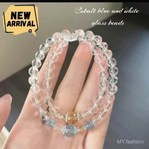 Vòng tay đính cườm thủy tinh trắng xanh Aquamarine - Thời trang hai lớp cho bạn gái, vẻ đẹp tươi mát và cổ điển