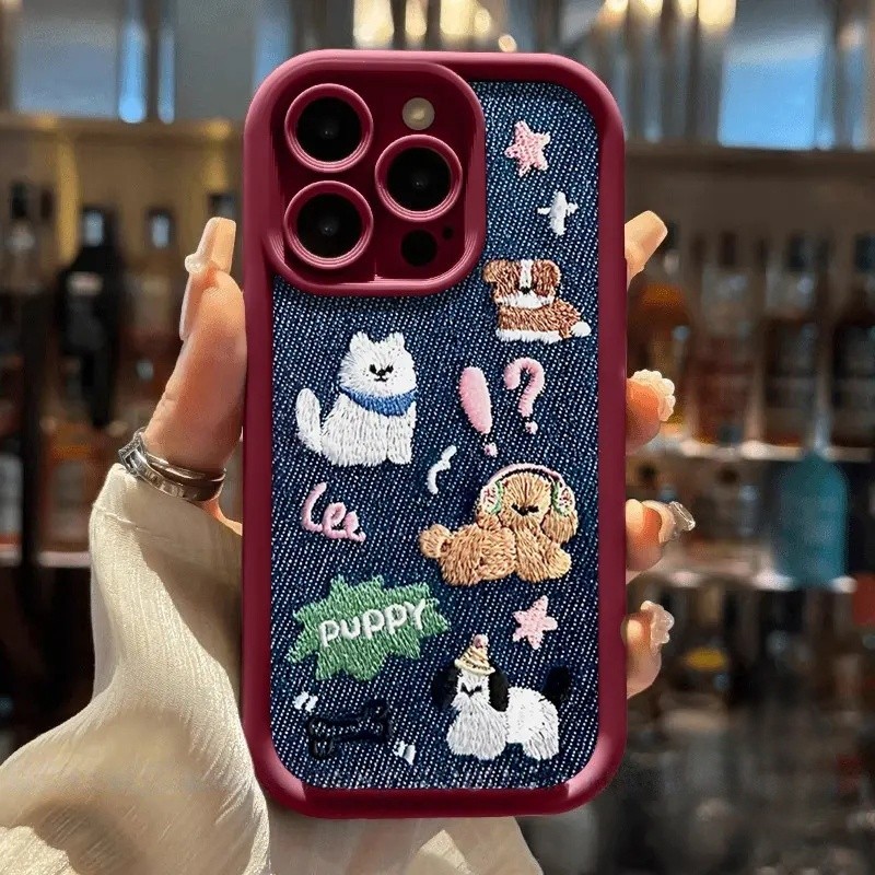 Ốp lưng Iphone Mẫu chó có hiệu ứng thêu cho iPhone 12 13 14 16 15 11  pro max plus 7 xr xs