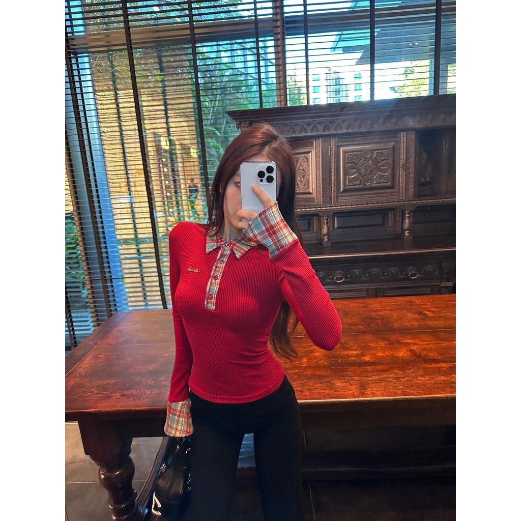 POLO Khâu Dài Tay Kẻ Sọc Thiết Kế Mùa Đông Phong Cách Mới Mùa Đông Retro Slim-fit Hot Girl Base Top