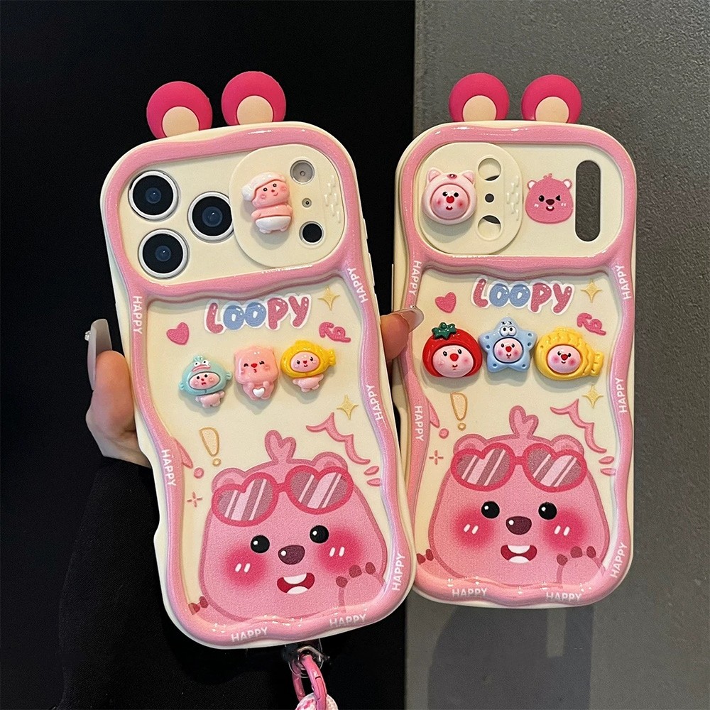 Ốp điện thoại cửa sổ trượt 3D Ear Tomato Star Beaver + Dây buộc cho iPhone 17 Pro Max 16 Plus 15 14 13 12 11 Vỏ bảo vệ chống sốc