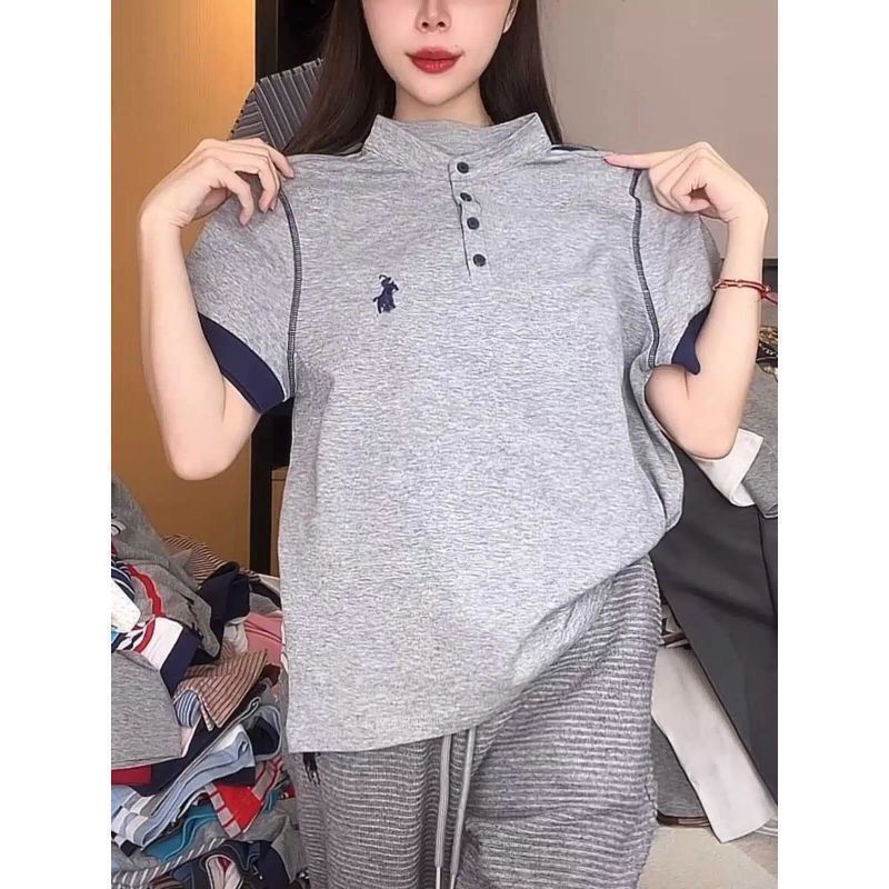 Áo sơ mi Polo thêu tay ngắn màu trơn, thời trang cho nữ