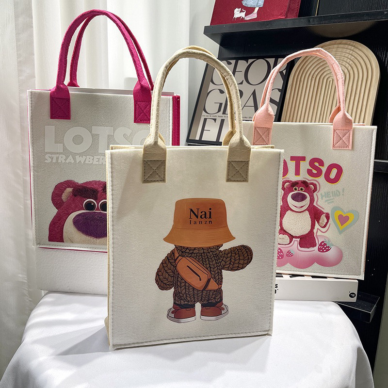 Túi vải nỉ tote tiện lợi đa năng Combo 3 sản phẩm  họa tiết hoạt hình gấu dâu có hàng sẵn ạ {FREESHIP}