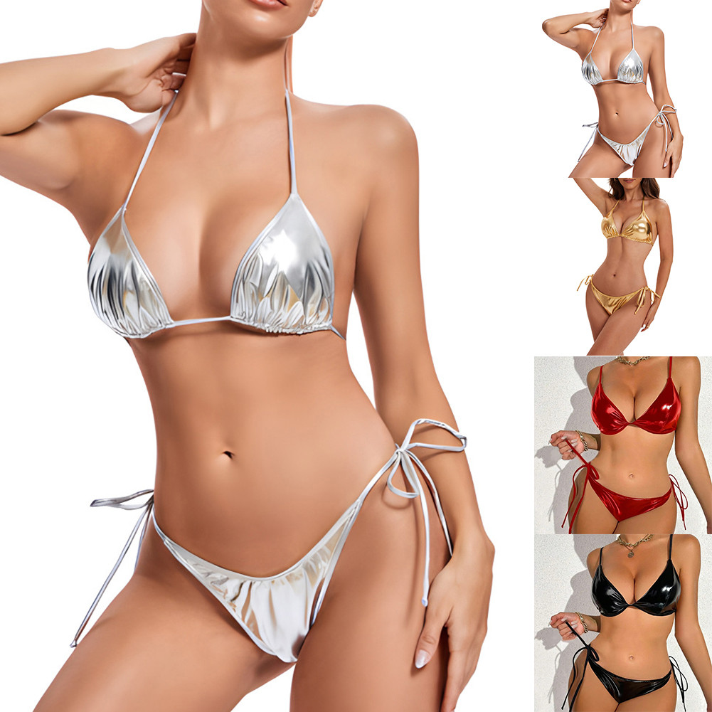 Đồ bơi bikini nữ Clubwear buộc dây da PU, thiết kế gợi cảm