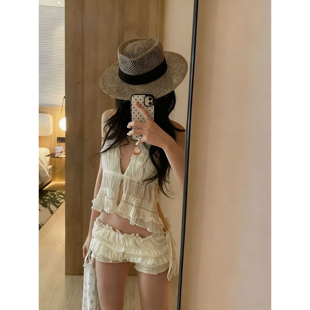 Cổ tích đồ bơi ba mảnh bikini nữ, màu trắng, phù hợp cho mùa xuân và kỳ nghỉ