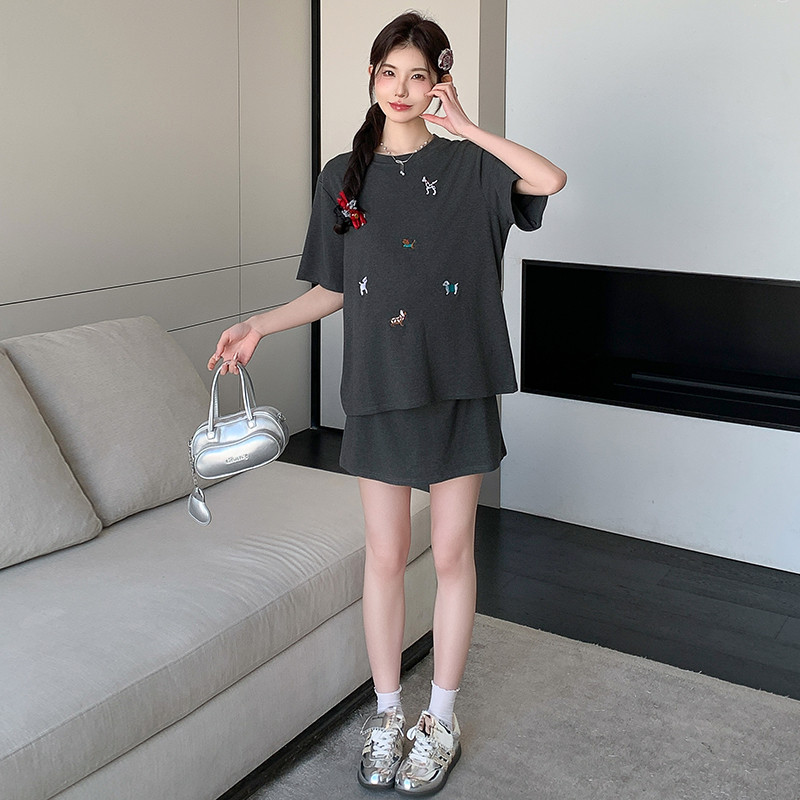 Bộ đồ bà bầu Áo thun cổ tròn + Váy Bộ đồ hai mảnh