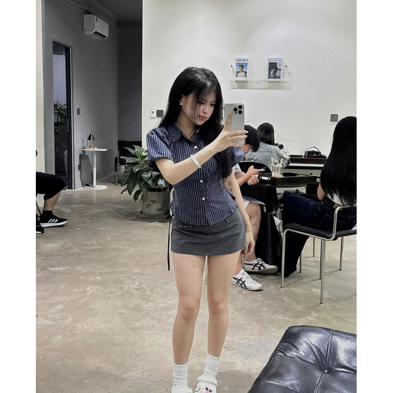 Áo sơ mi kẻ sọc tay bồng A554 chiết eo dễ phối đồ hàng loại 1_Lazy có bigsize