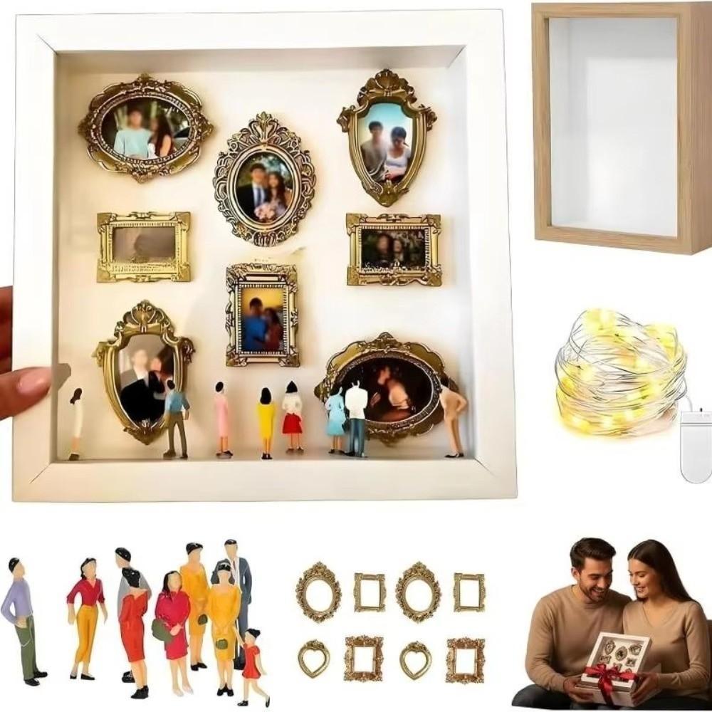 Bộ trưng bày bộ nhớ YMIFI, Bảo quản bộ nhớ Dây đèn LED DIY Mini Bảo tàng Hộp bóng, Khung vàng sáng tạo Các bức tượng nhỏ Khung ảnh Quà tặng đám cưới