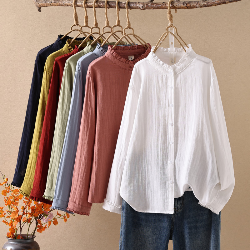Áo sơ mi nữ 100% cotton cao cấp phong cách mùa xuân Wenyi, cổ áo cardigan ren đứng màu trơn
