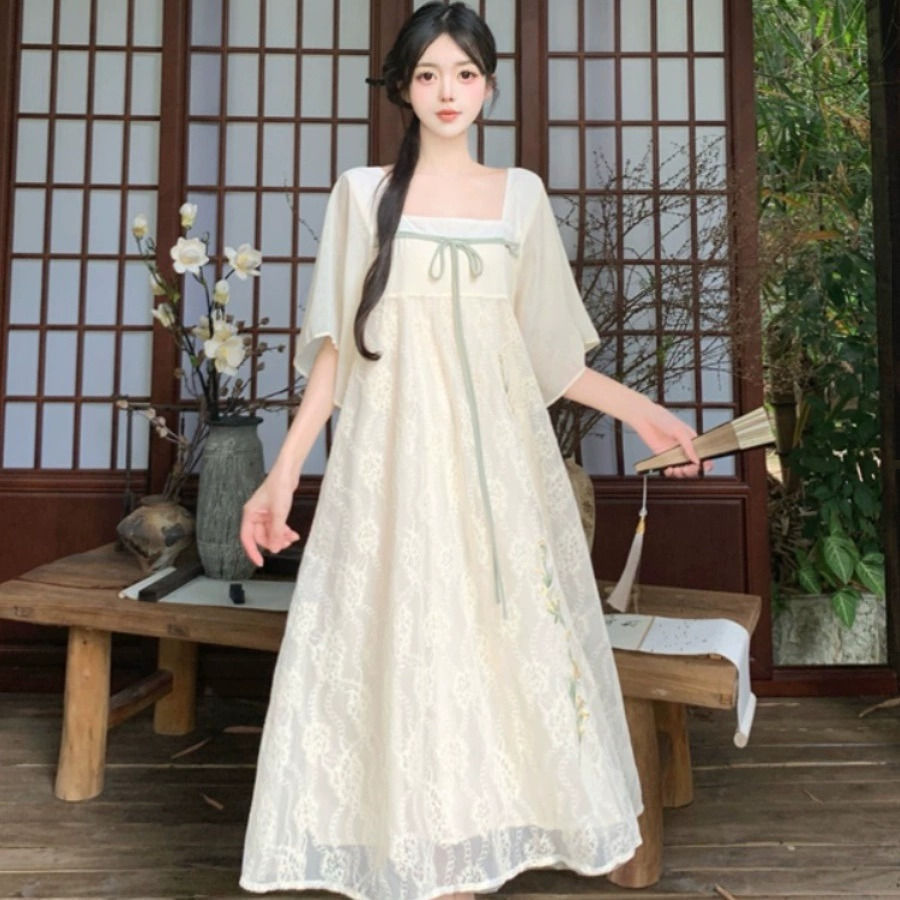 Váy thêu ren phong cách cổ điển Trung Quốc mới dành cho nữ, váy Hanfu dáng rộng dài qua gối cỡ lớn mùa hè