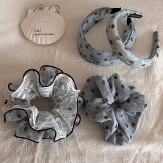 Kovoi Scrunchy Tóc Cao Cấp Màu Xanh Cà Phê Chấm Bi - Voan Sợi Sang Trọng