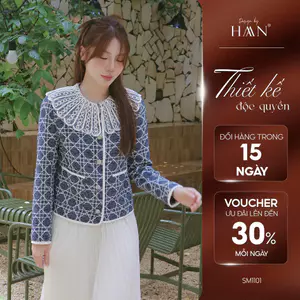 Áo Dạ Tweed Nữ Thiết Kế Viền Cổ Tròn Cách Điệu, Họa Tiết Kẻ Xanh Sang Trọng HAAN Design SM1101