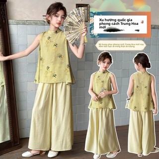 Bộ đồ cho bé gái dáng rộng thanh lịch - áo sát nách thêu hoa quần ống rộng mềm nhẹ phong cách cổ điển